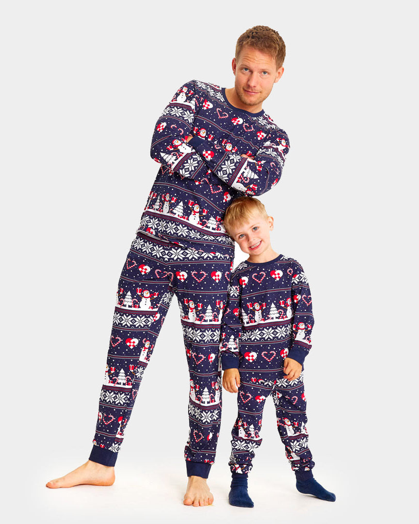 Blue Christmas pajama for Children and Men with Snowmen and Hearts