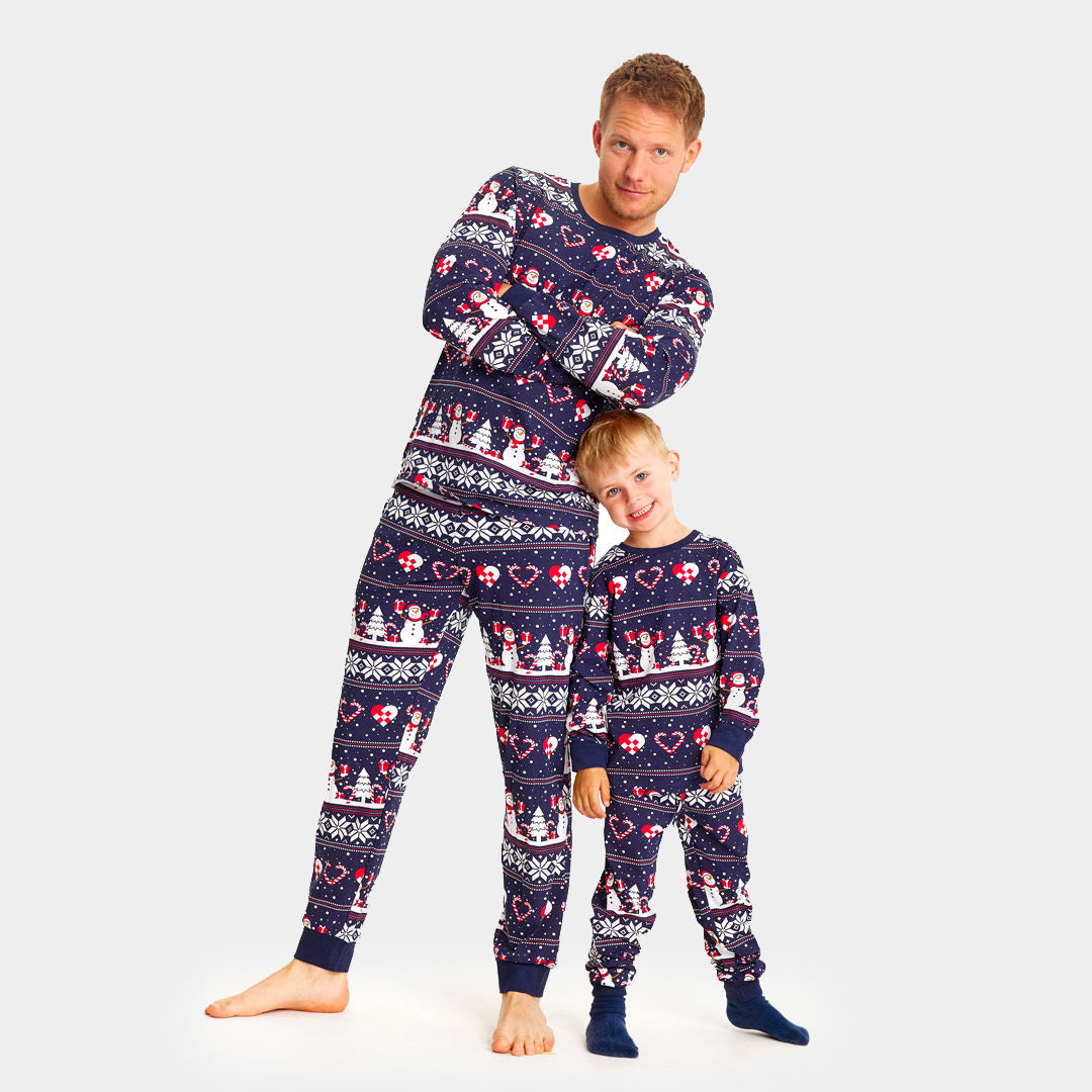 Blue Christmas pajama for Children and Men with Snowmen and Hearts