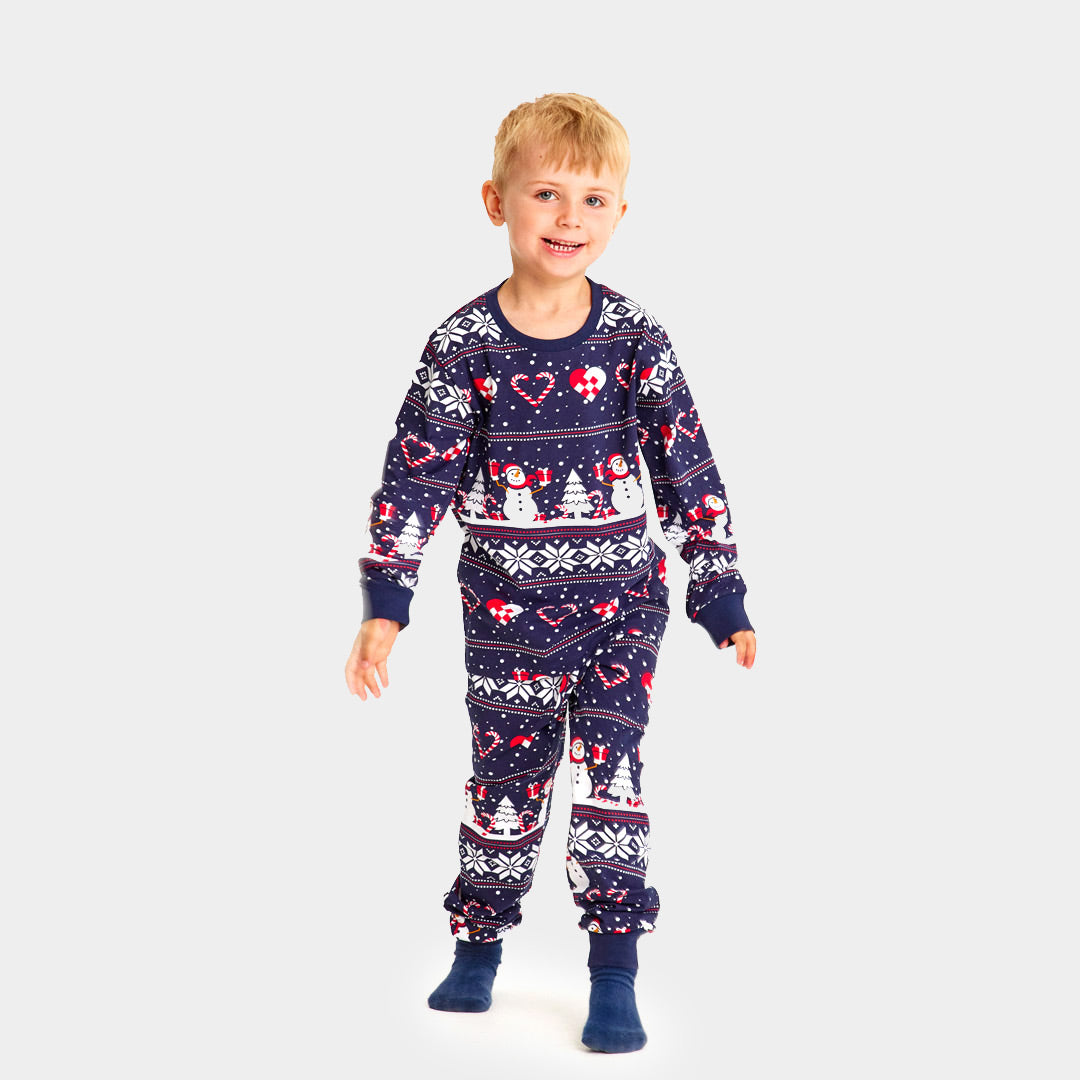 Blue Christmas pajama for Children with Snowmen and Hearts