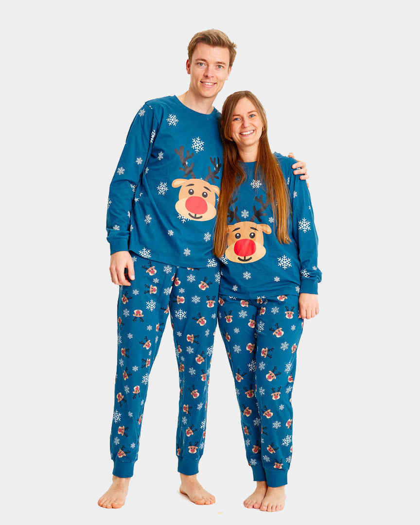 Blue Christmas pajama for Family with Rudolph the Reindeer couple