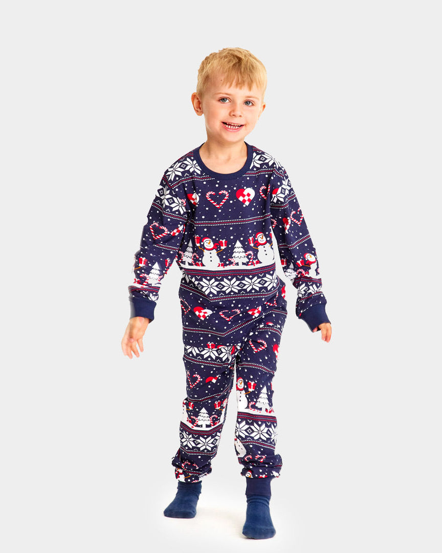 Blue Christmas pajama for Family with Snowmen and Hearts children