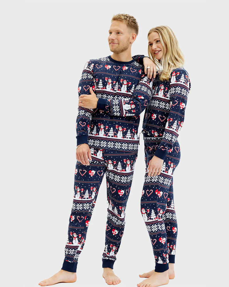Blue Christmas Pajama Family Womens and Mens Snowmen and Hearts