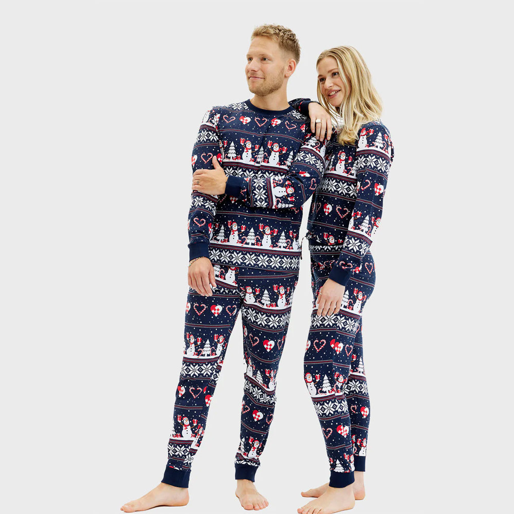 Blue Christmas Pajama Family Womens and Mens Snowmen and Hearts