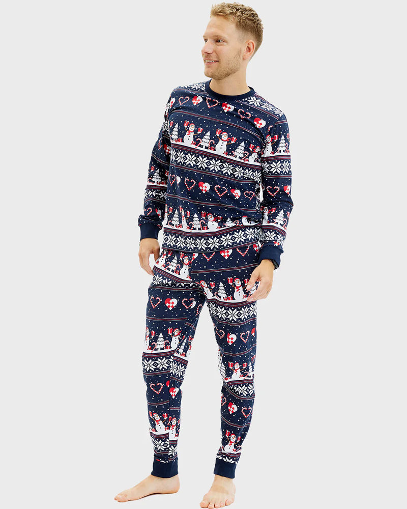 Blue Christmas pajama for Family with Snowmen and Hearts mens