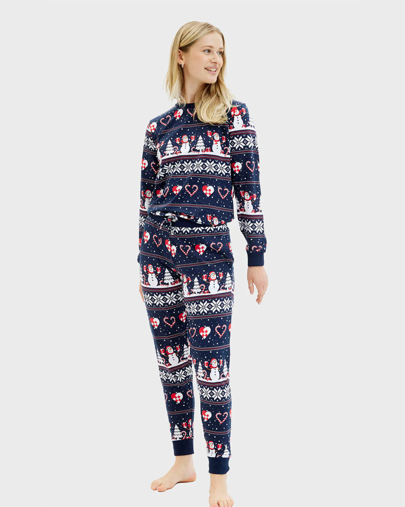 Blue Christmas pajama for Family with Snowmen and Hearts womens