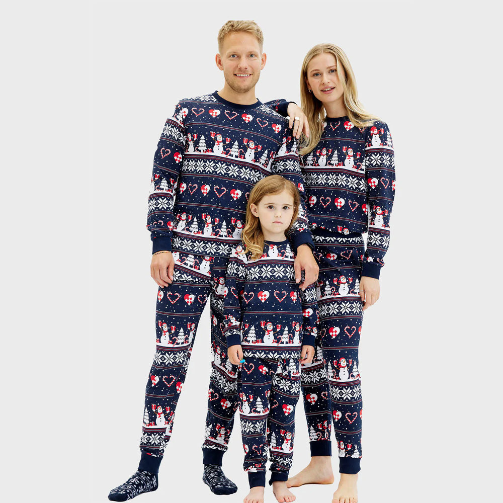 Blue Christmas pajama for Family with Snowmen and Hearts