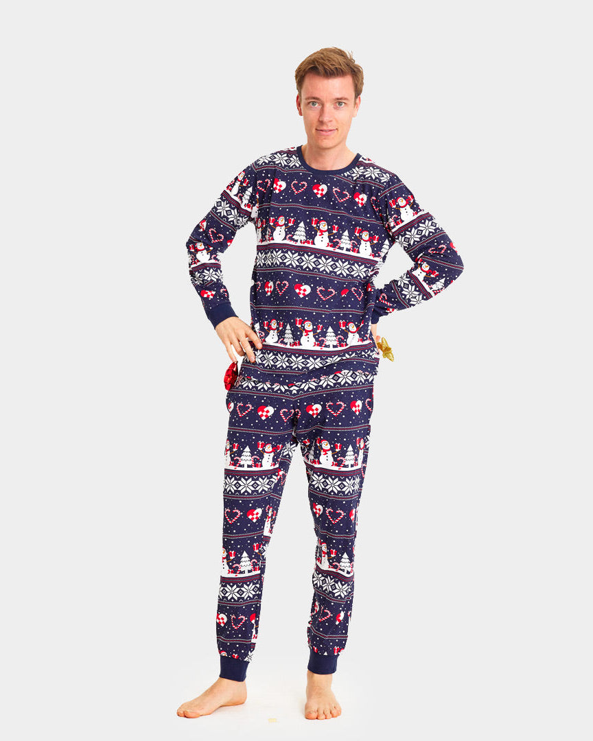 Blue Christmas pajama for Men with Snowmen and Hearts