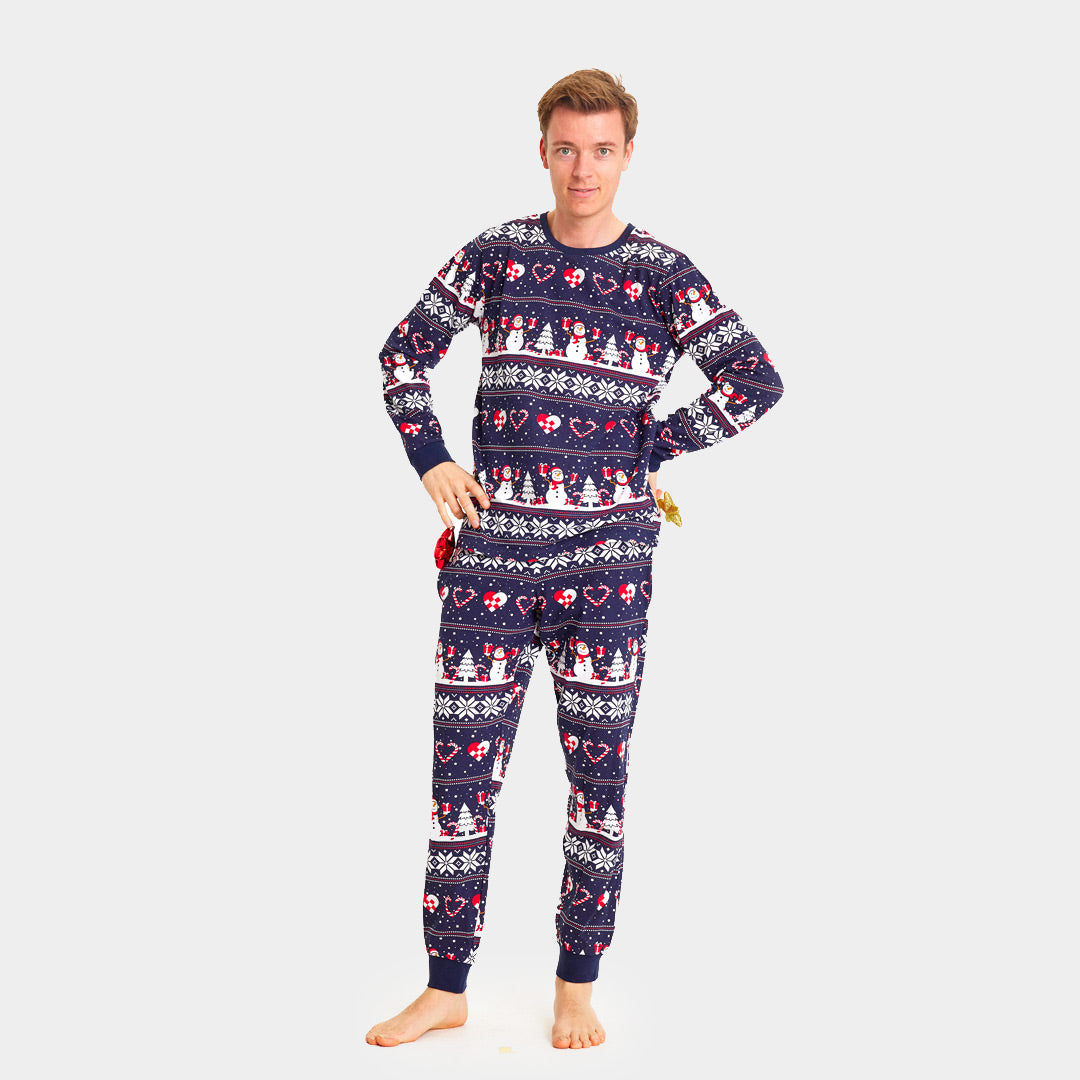 Blue Christmas pajama for Men with Snowmen and Hearts