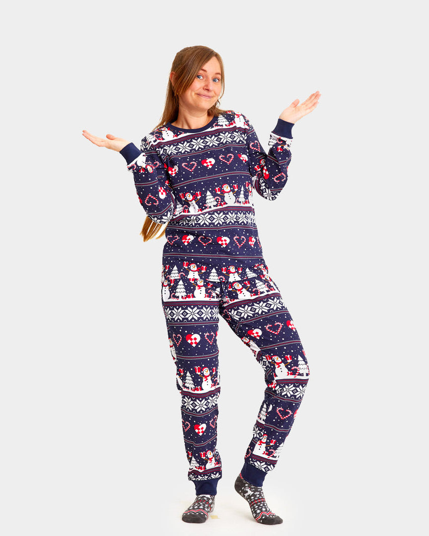Blue Christmas pajama for Women with Snowmen and Hearts