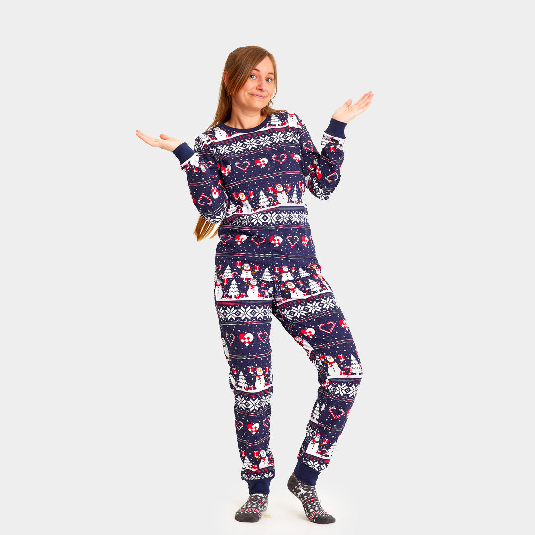 Blue Christmas pajama for Women with Snowmen and Hearts