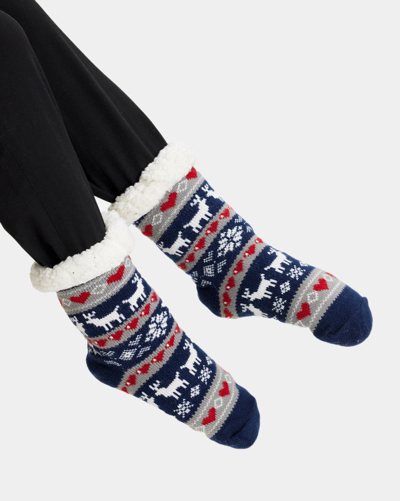 Blue Fuzzy Christmas Socks with Reindeers and Hearts women