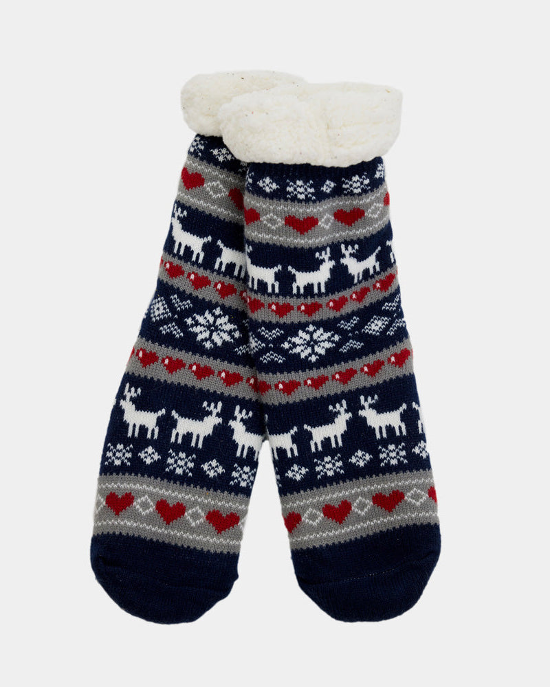 Blue Fuzzy Christmas Socks with Reindeers and Hearts