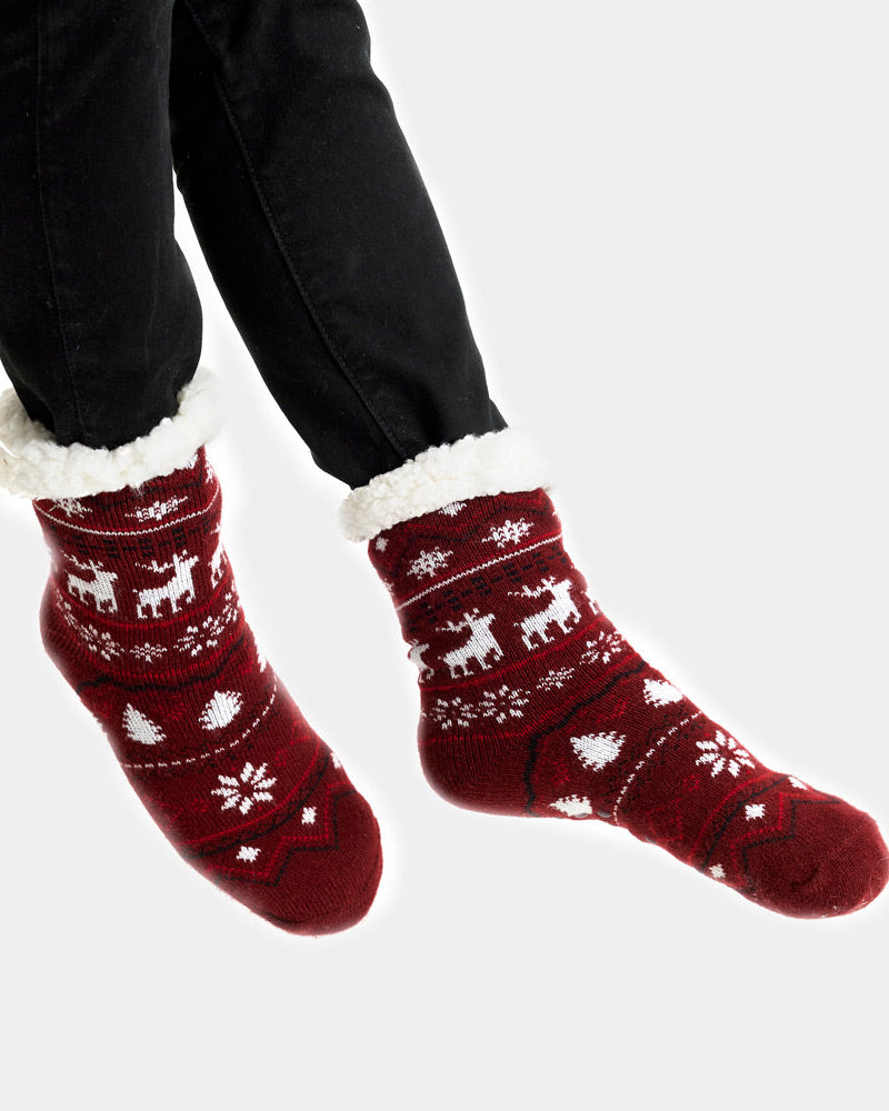 Burgundy Fuzzy Christmas Socks 
 with Reindeers womens and mens