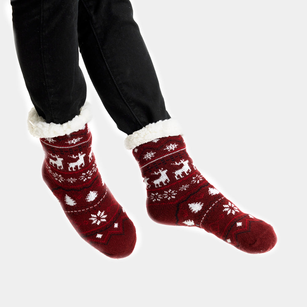 Burgundy Fuzzy Christmas Socks 
 with Reindeers womens and mens