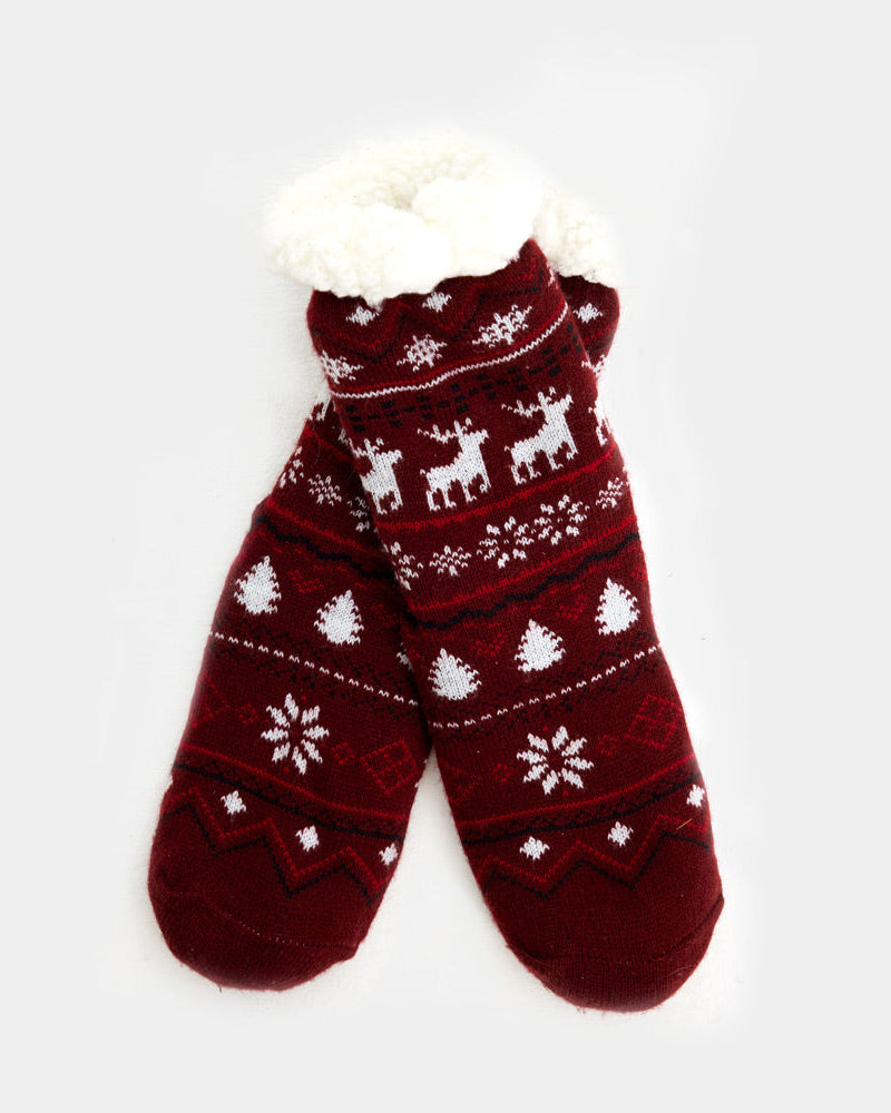 Burgundy Fuzzy Christmas Socks  with Reindeers
