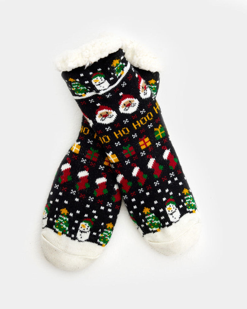 Fuzzy Christmas Socks with Santa, Gifts and Snowmans