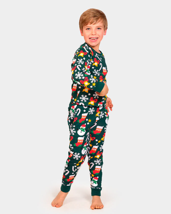 Boys Green Christmas pajama for Children with Christmas motifs