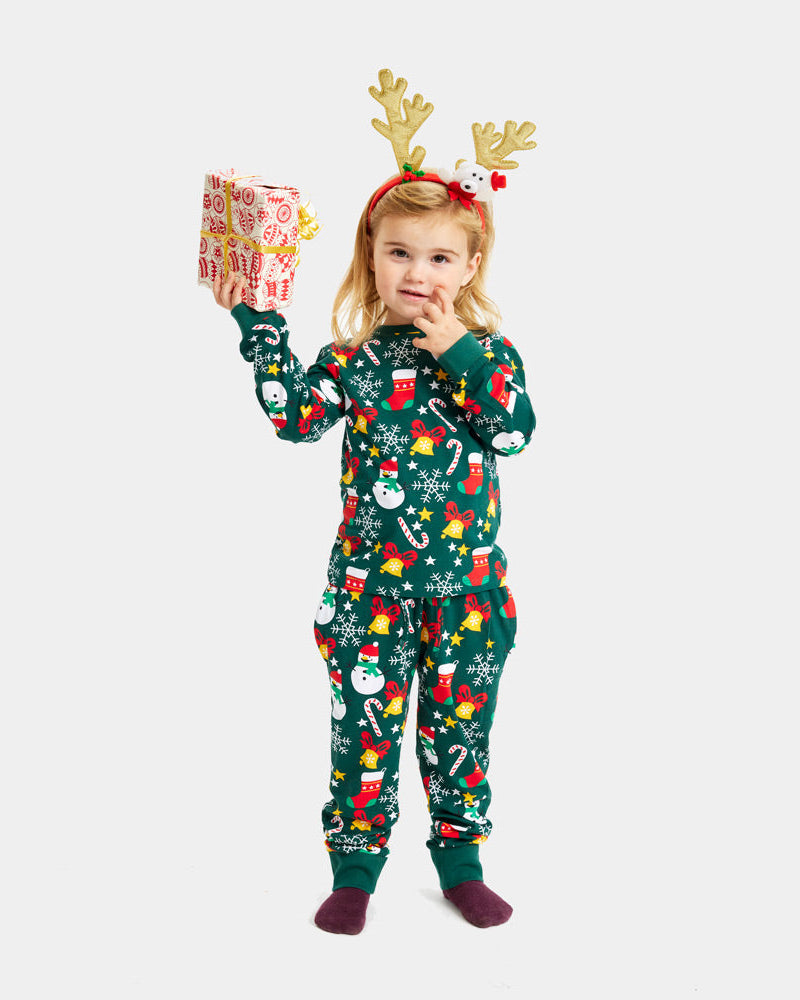 Green Christmas pajama for Children with Christmas motifs girls