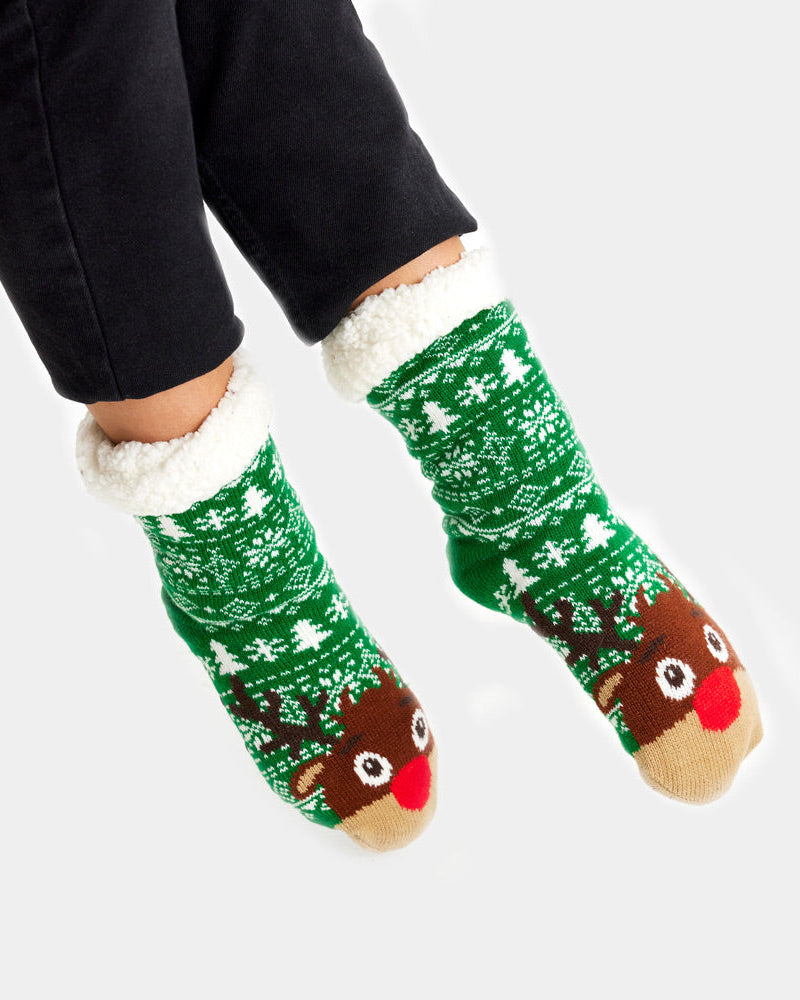 Green Fuzzy Christmas Socks  with Trees and Reindeer women and men