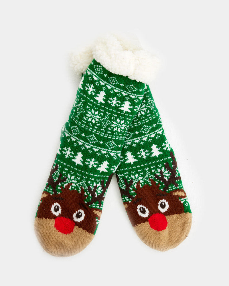 Green Fuzzy Christmas Socks  with Trees and Reindeer