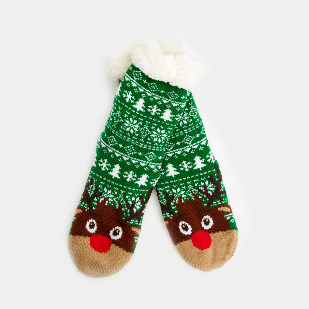 Green Fuzzy Christmas Socks  with Trees and Reindeer