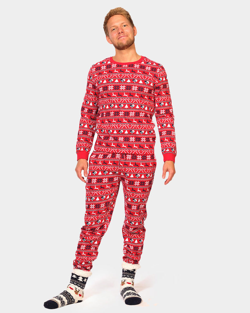 Red Christmas pajama for Family with Reindeer and Trees mens