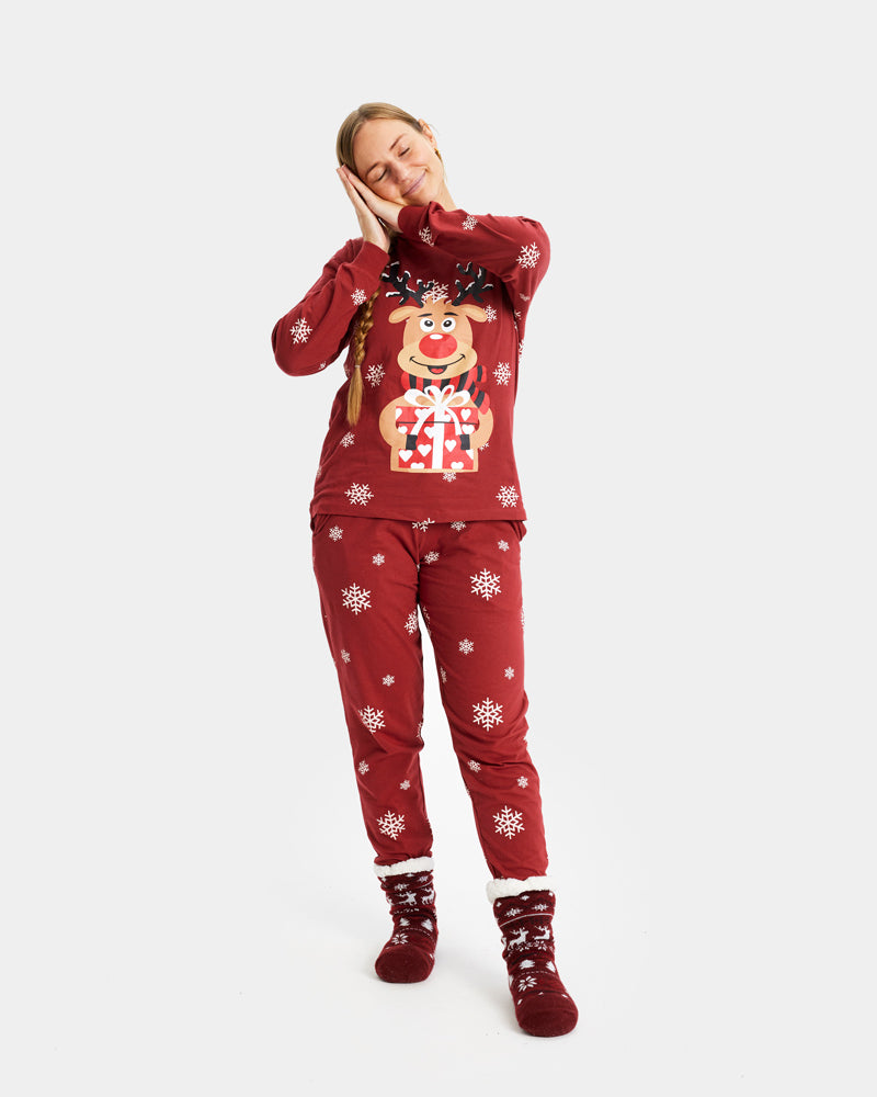 Red Christmas Pajama Womens Men with Rudolph the Reindeer