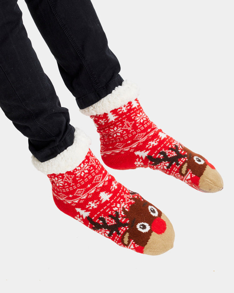 Red Fuzzy Christmas Socks with Trees and Reindeer women and men