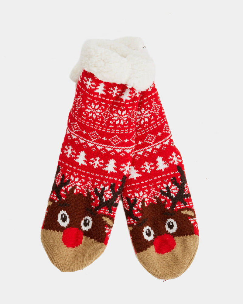 Red Fuzzy Christmas Socks  with Trees and Reindeer