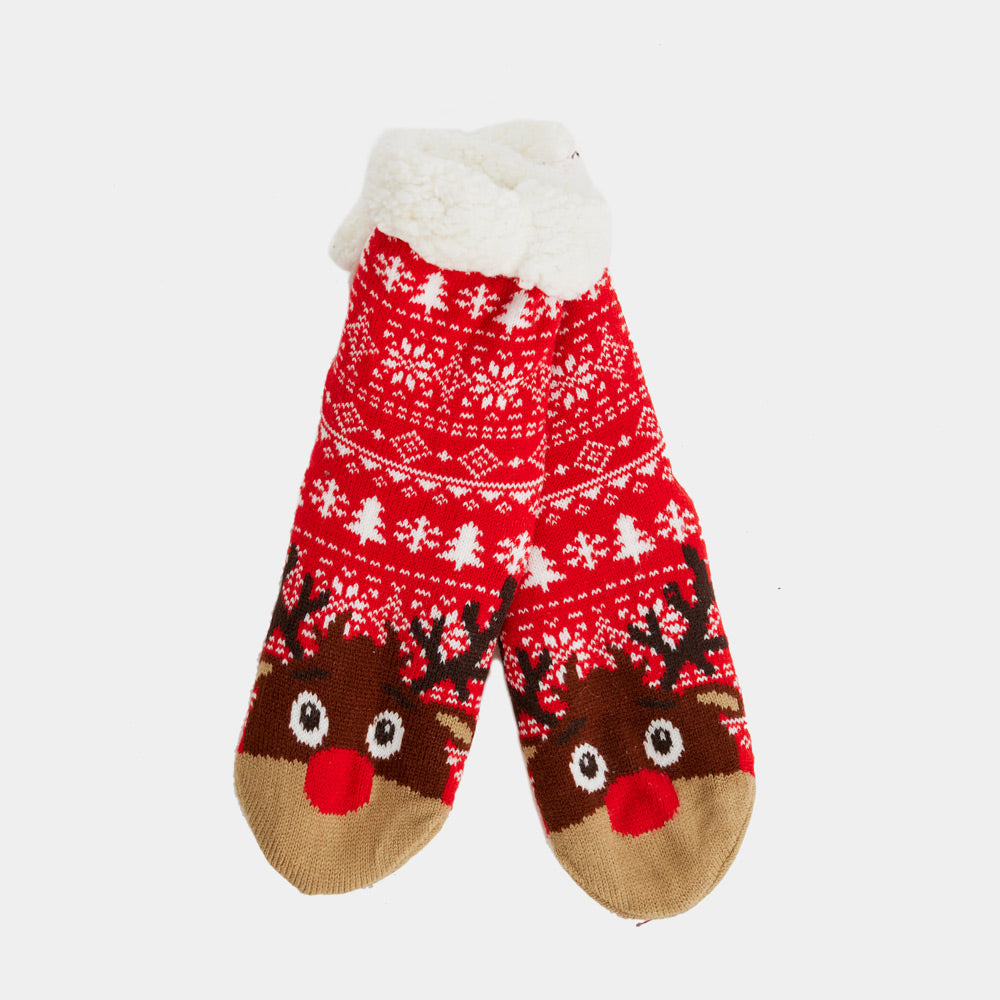 Red Fuzzy Christmas Socks  with Trees and Reindeer