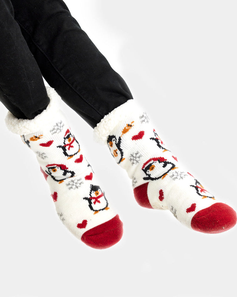 White Rubber Fuzzy Christmas Socks  with Penguins and Hearts women and men