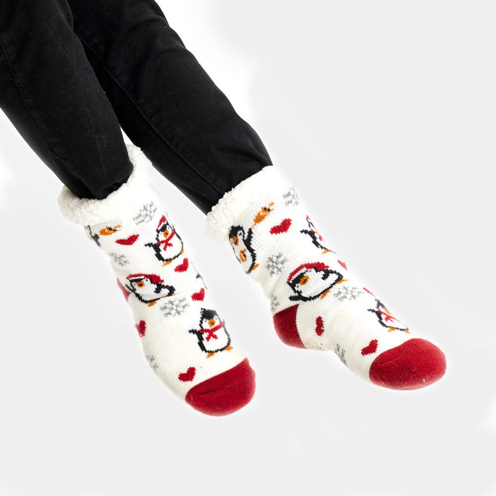 White Rubber Fuzzy Christmas Socks  with Penguins and Hearts women and men