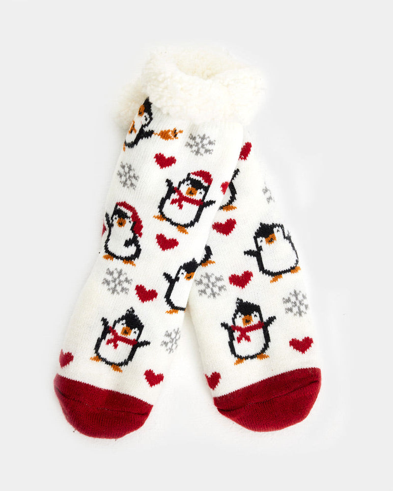 White Fuzzy Christmas Socks with Penguins and Hearts