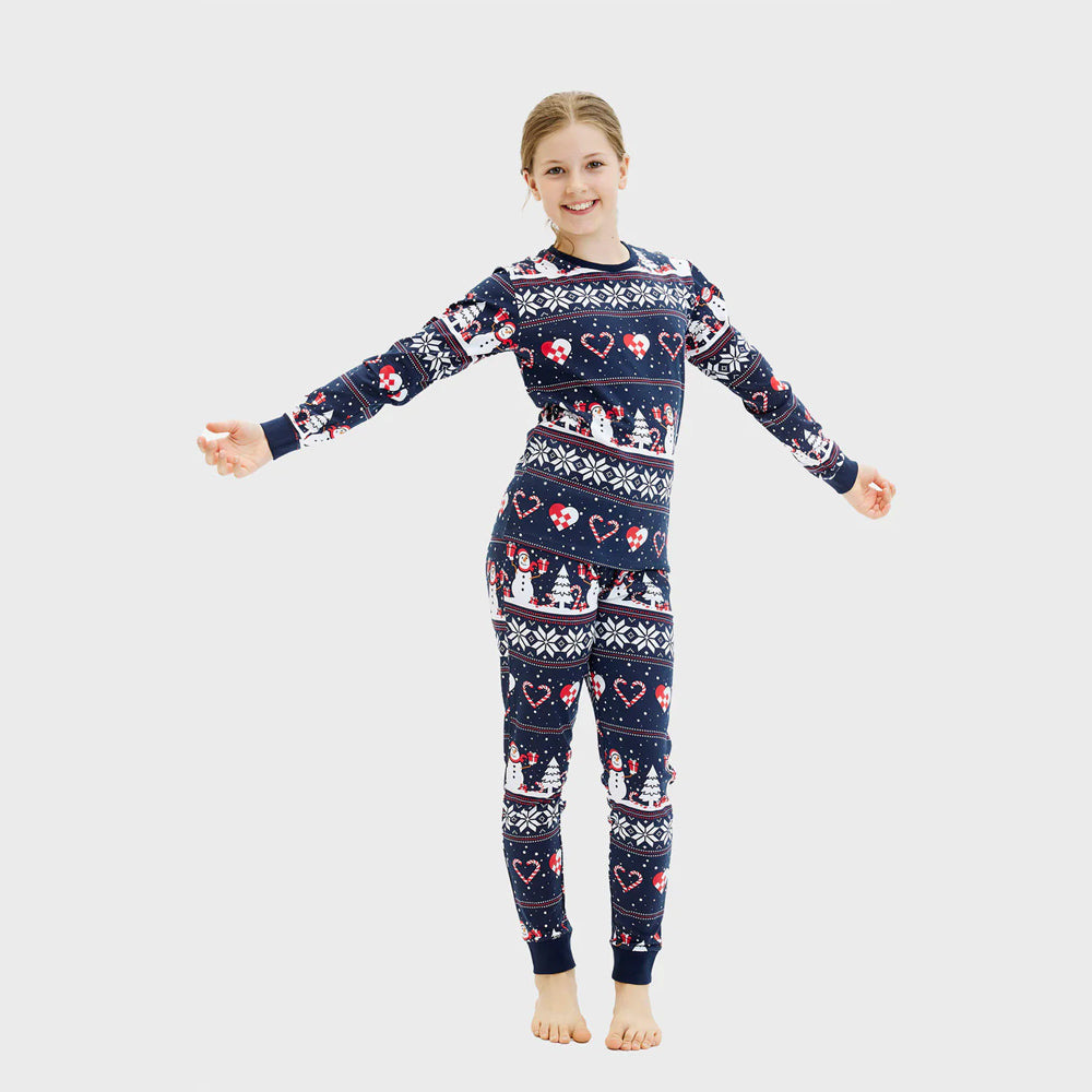 Blue Christmas Pajama Girls Children with Snowmen and Hearts

