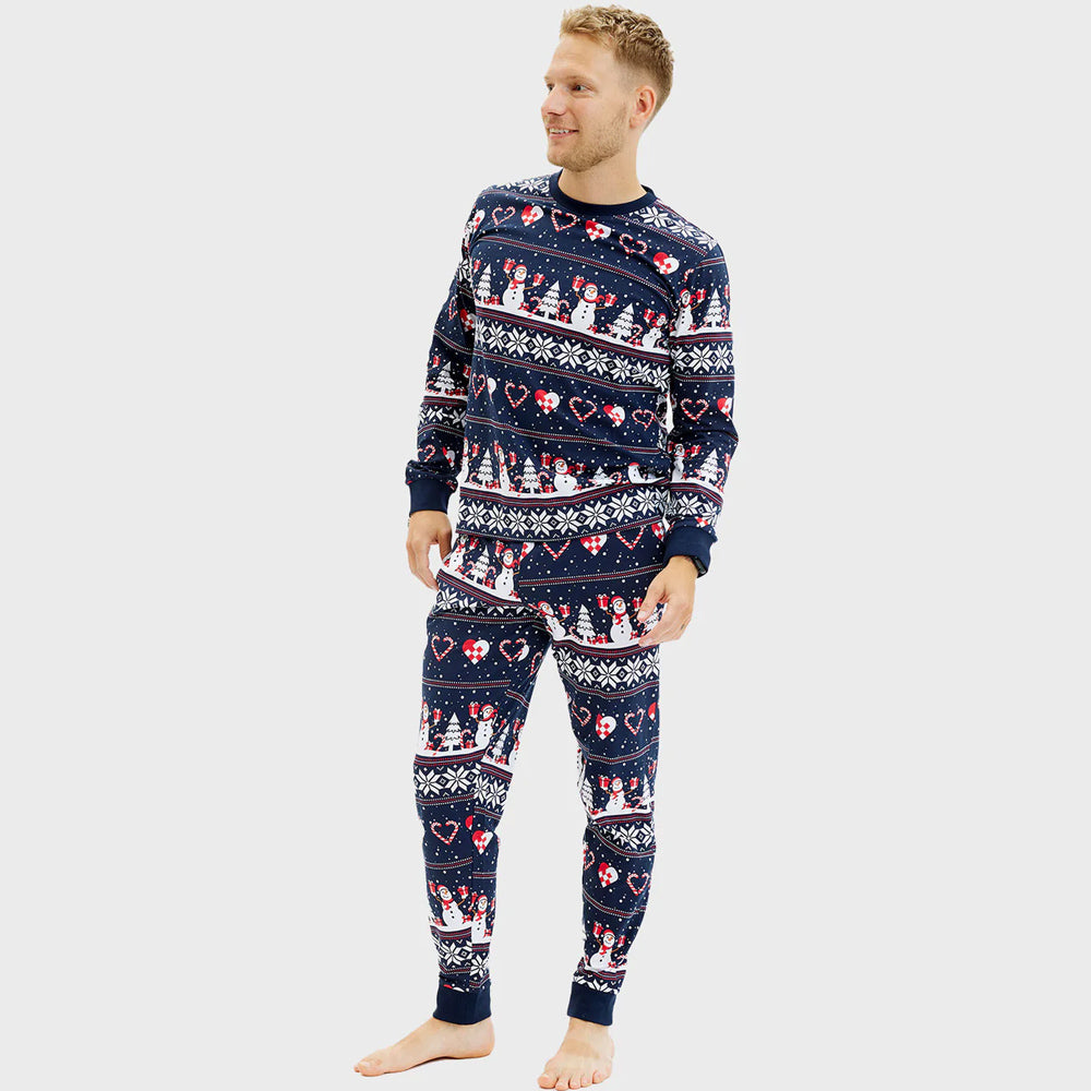 Blue Christmas Pajama for Men with Snowmen and Hearts
