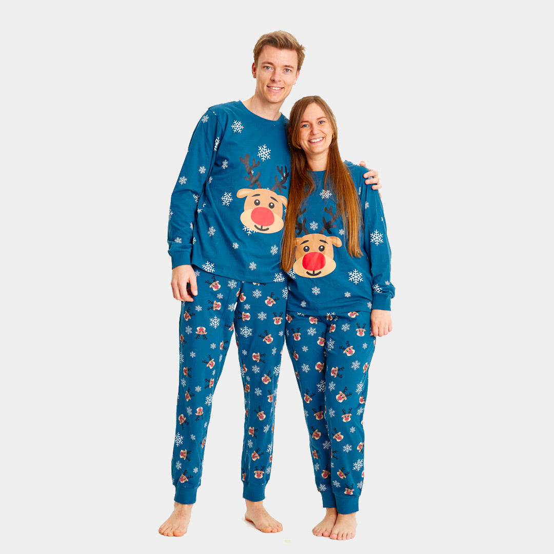 Blue Christmas pajama for Women and Men with Rudolph the Reindeer