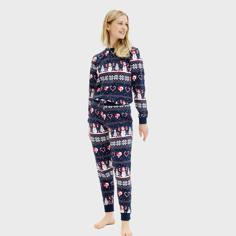 Blue Christmas Pajama for Womens with Snowmen and Hearts
