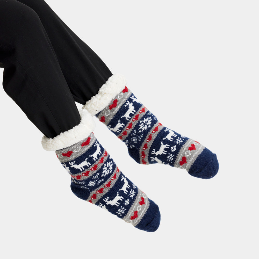 Blue Fuzzy Christmas Socks with Reindeers and Hearts women
