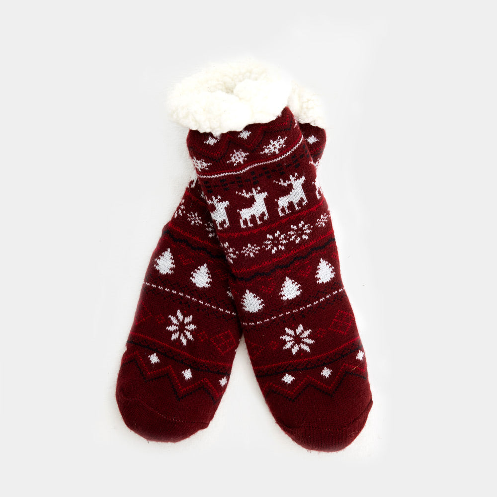 Burgundy Fuzzy Christmas Socks  with Reindeers