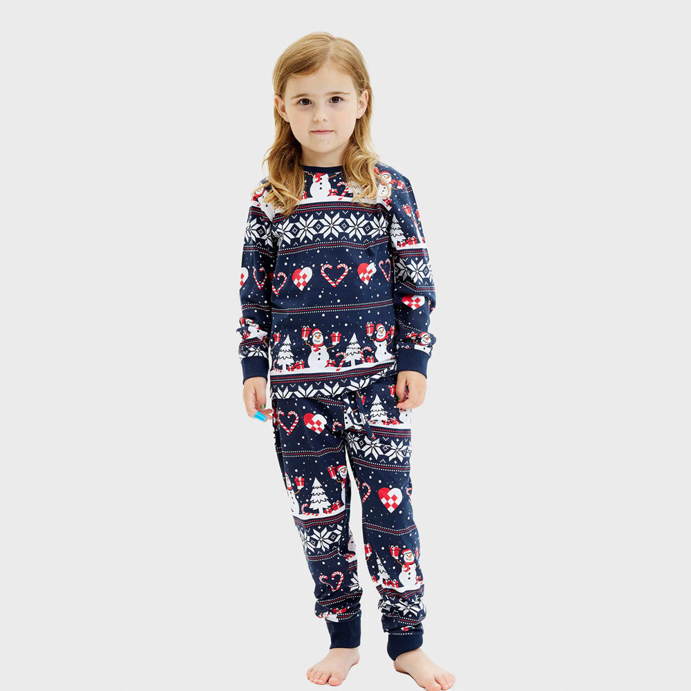 Christmas Pajama for Children with Snowmen and Hearts Blue 
