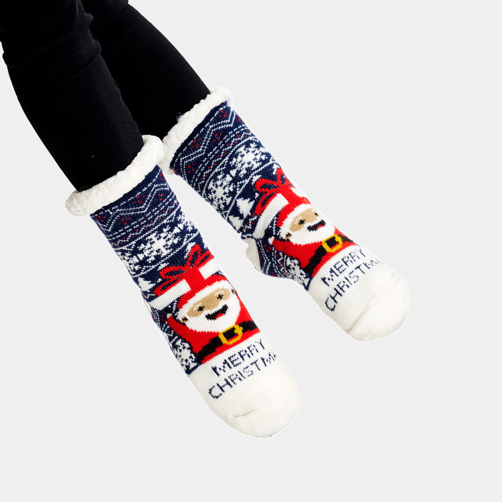 Fuzzy Christmas Socks Santa with a Gift women and men