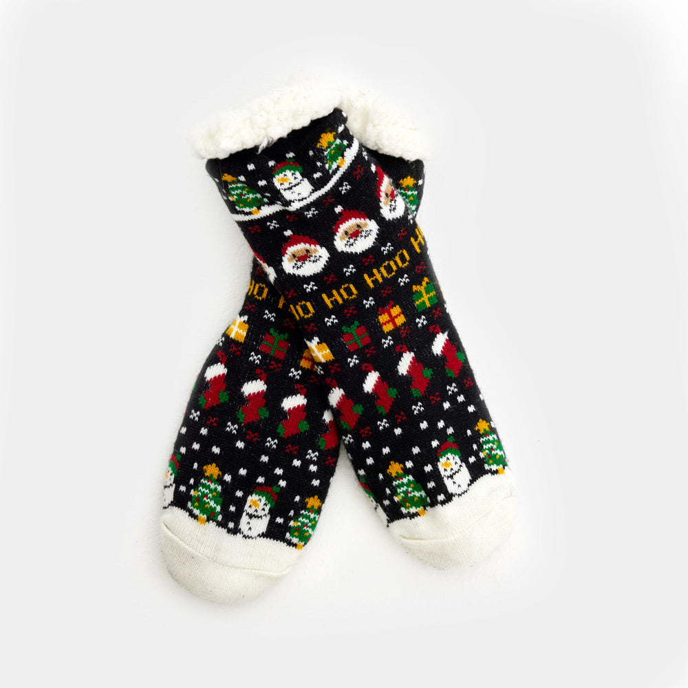 Fuzzy Christmas Socks with Santa, Gifts and Snowmans