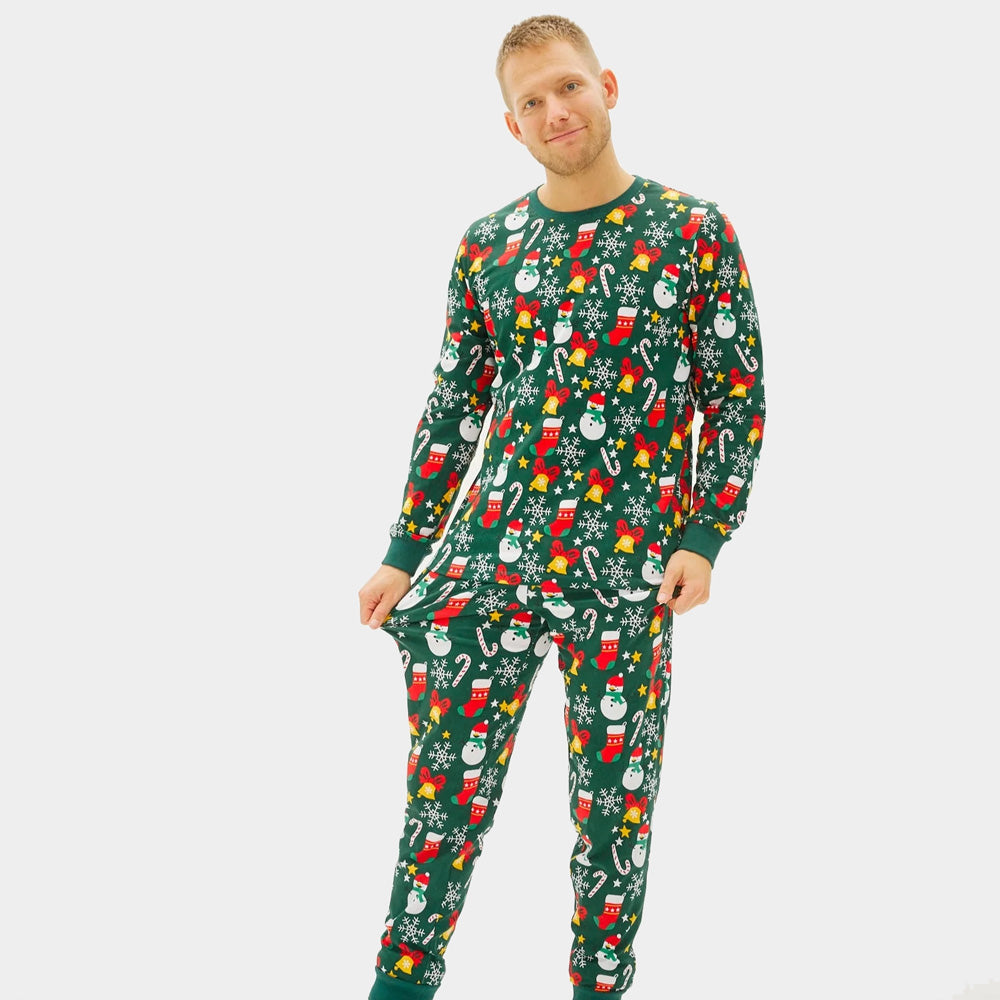 Green Christmas pajama for Family and mens with Christmas motifs