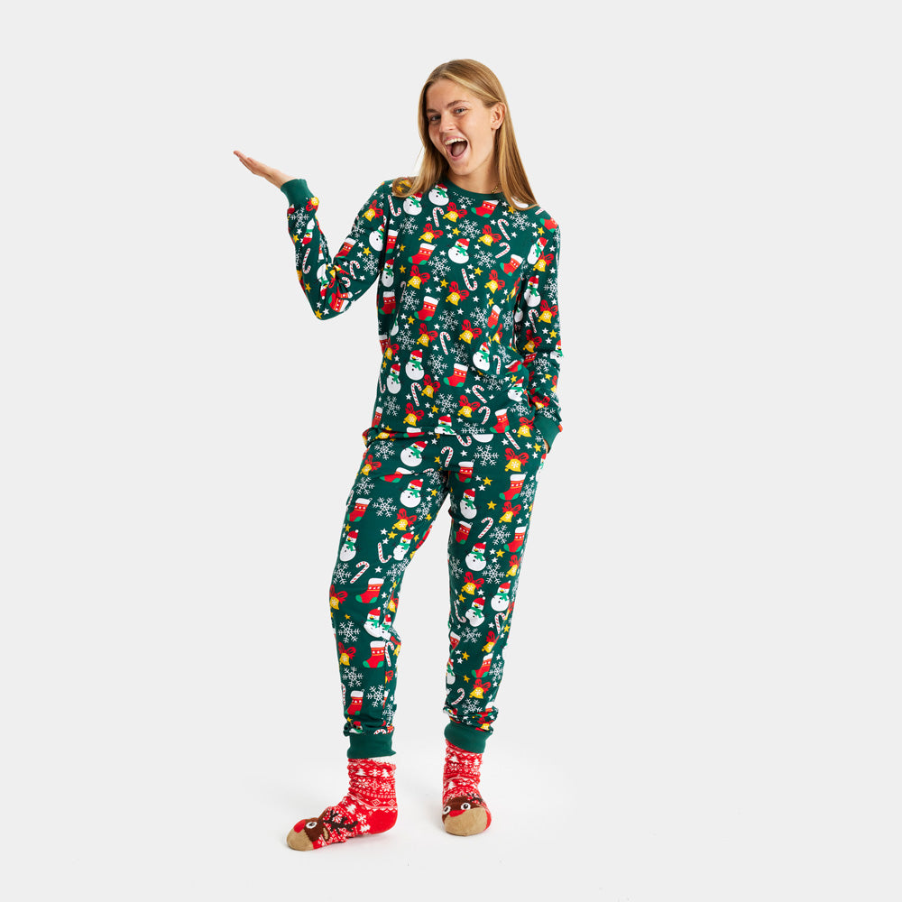 Green Christmas Pajama for Womens with Christmas motifs
