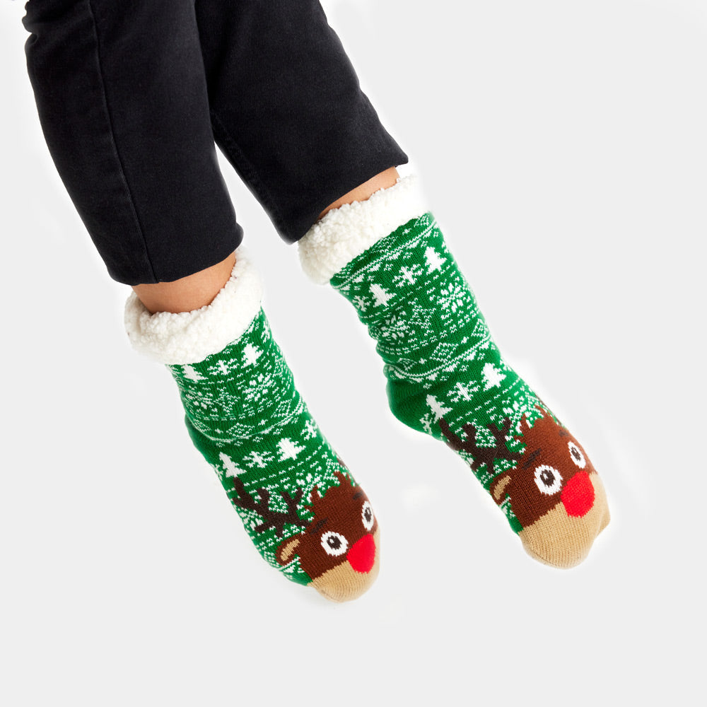 Green Fuzzy Christmas Socks  with Trees and Reindeer women and men