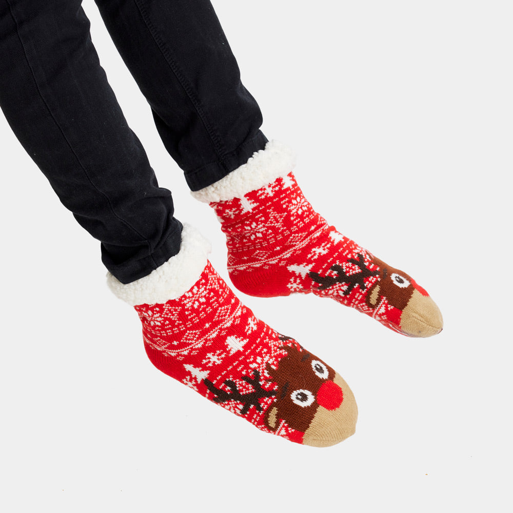 Red Fuzzy Christmas Socks with Trees and Reindeer women and men
